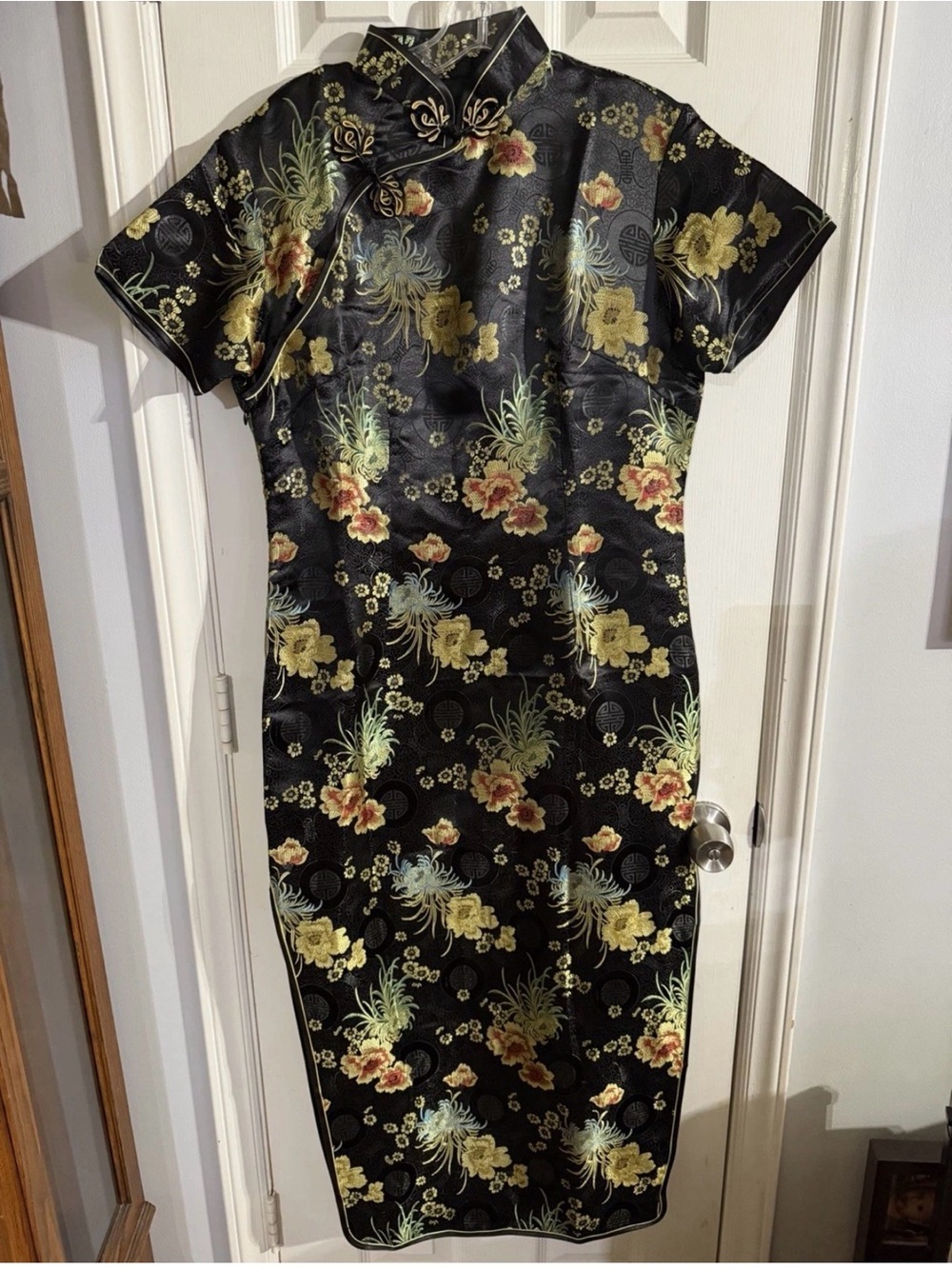 Sue's Fashion Black Gold Floral Brocade Mandarin Qipao Cheongsam Dress 44